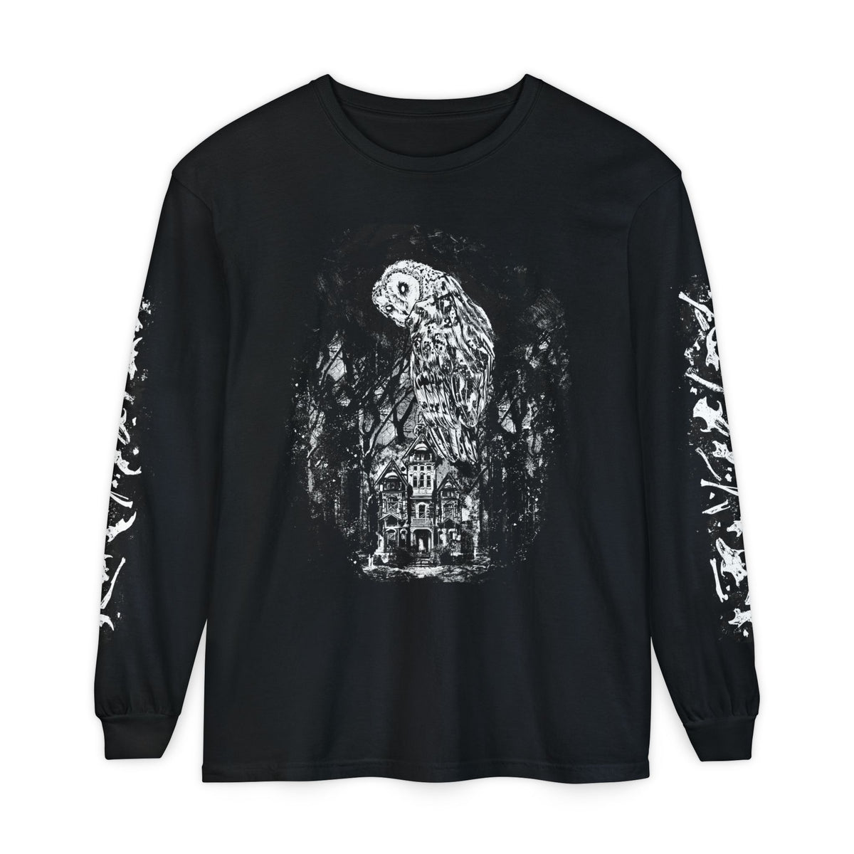 A black long-sleeve t-shirt with a white graphic print of an owl perched on a haunted house with bones on the sleeves