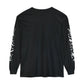 The back of a black long-sleeve t-shirt with white graphics of bones running down both sleeves.
