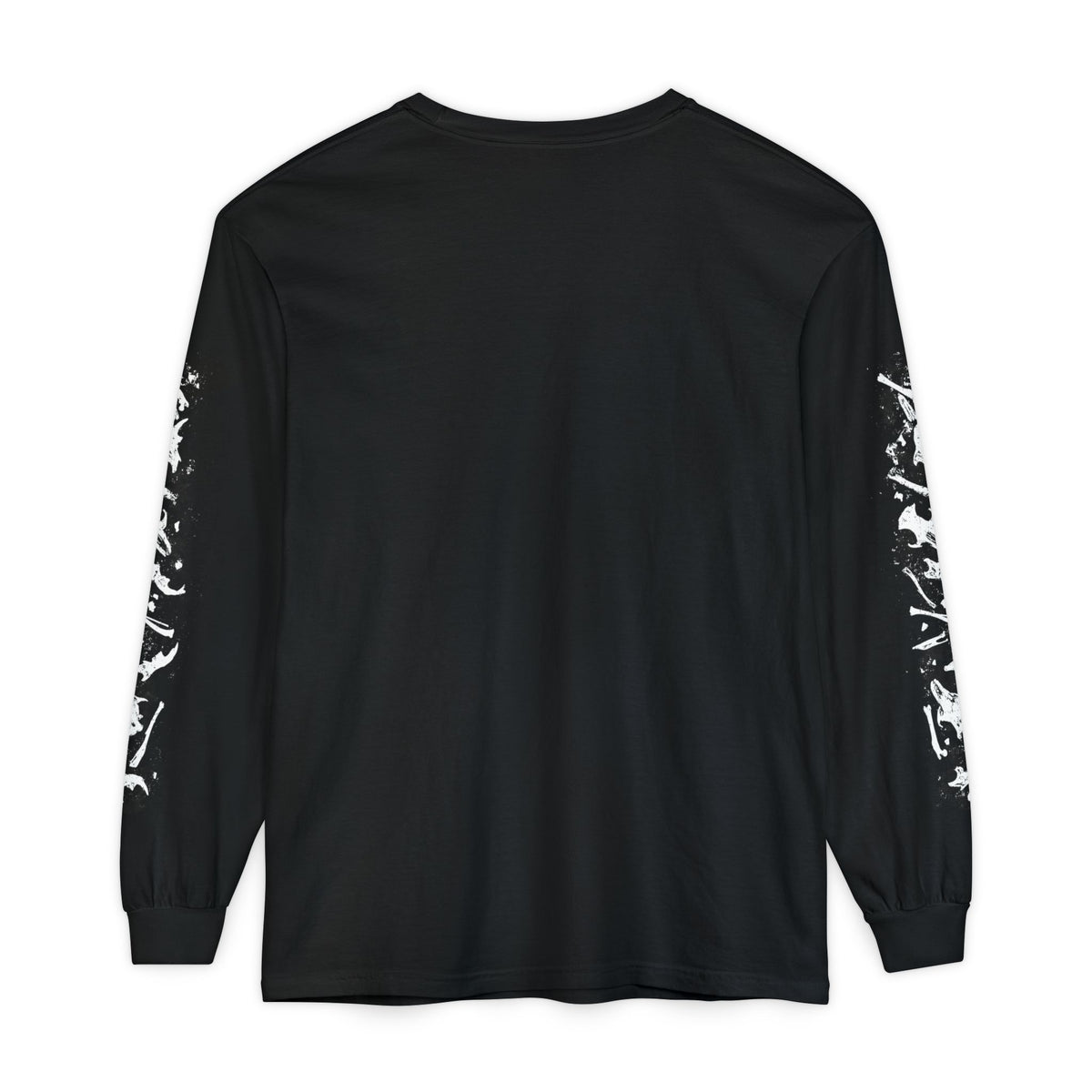 The back of a black long-sleeve t-shirt with white graphics of bones running down both sleeves.