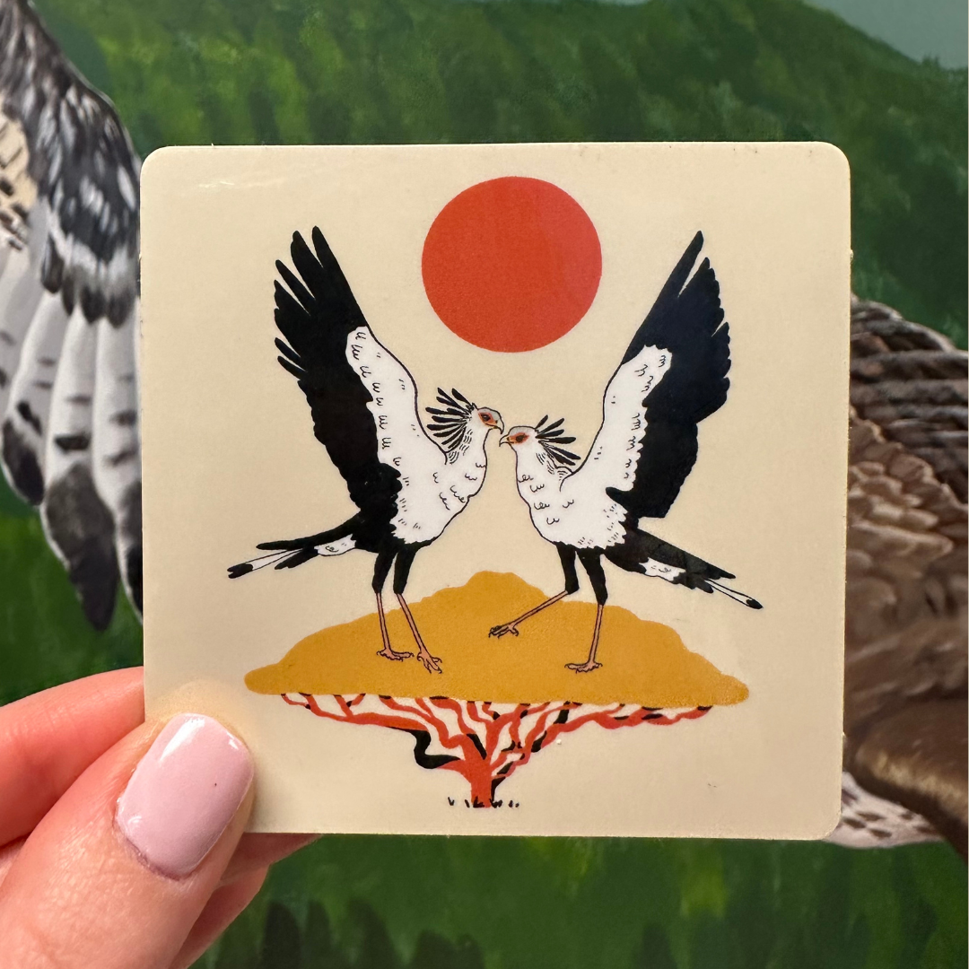 Hand holding a Secretarybird Sticker