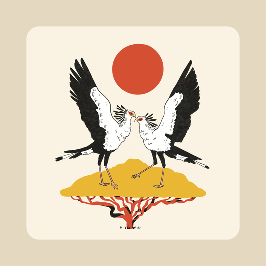Secretarybird sticker featuring two birds on top of an acacia tree